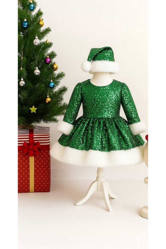 Kız Çocuk Yeşil Payetli Elbise,Kız Çocuk Yılbaşı Elbisesi
