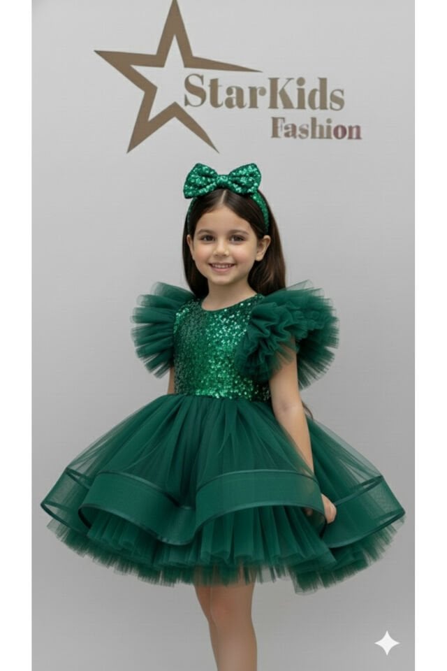Kız Çoçuk Zümrüt Yeşili Payet Tütü Elbise,Kız Çocuk Parti Elbise