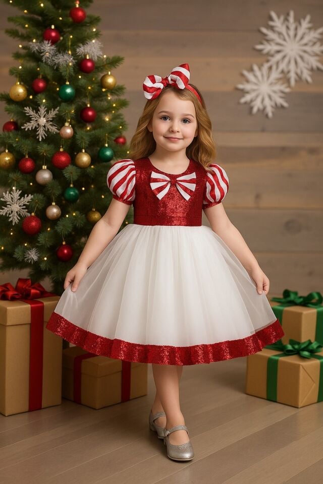 Kız Çoçuk Kırmızı Yılbaşı Elbisesi, Kız Çocuk Kırmızı Beyaz Çizgili Yılbaşı Elbisesi