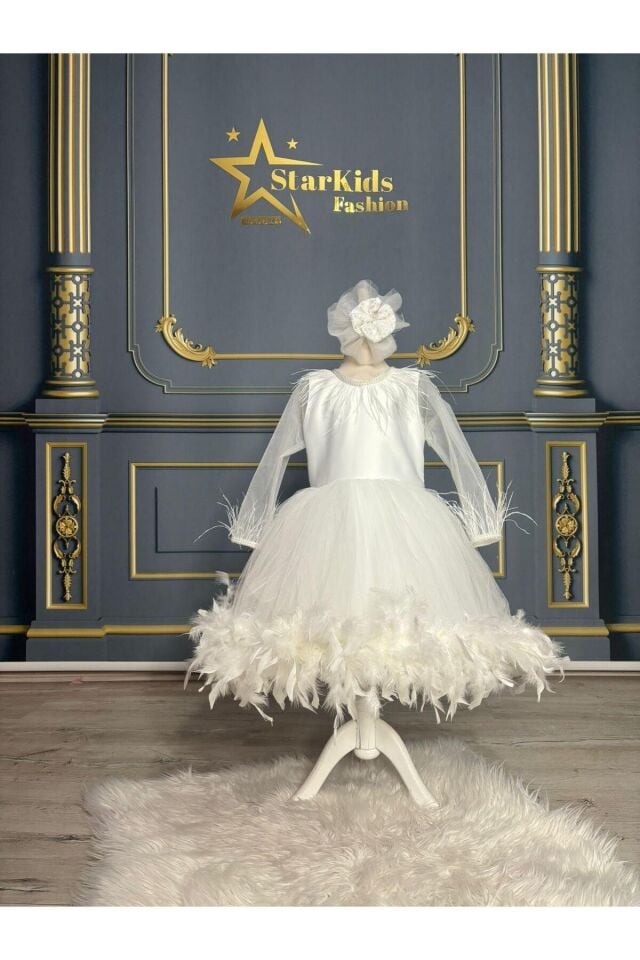 Kız Çoçuk Beyaz Tüylü Elbise,Kız Çoçuk Abiye