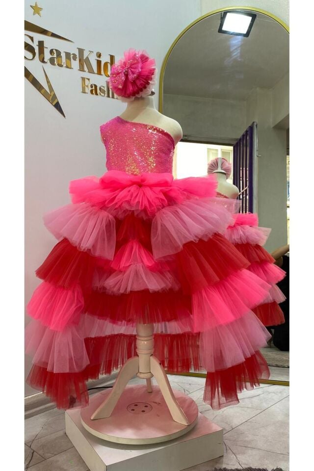 Kız Çoçuk Pembe Tek Omuz Elbise,Kız Çoçuk Abiye,