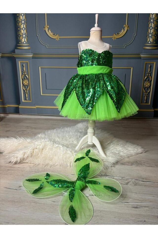 Kız Çocuk Tinkerbell Kostümü, Peri Elbisesi, Tinkerbell Kız Çocuk Elbisesi, Tinker Bel Elbise Kanat
