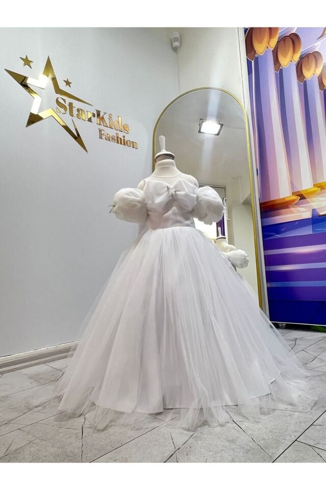 Kız Çocuk Beyaz Prenses Elbise – Kabarık Tül Etekli Düğün ve Özel Gün Abiyesi