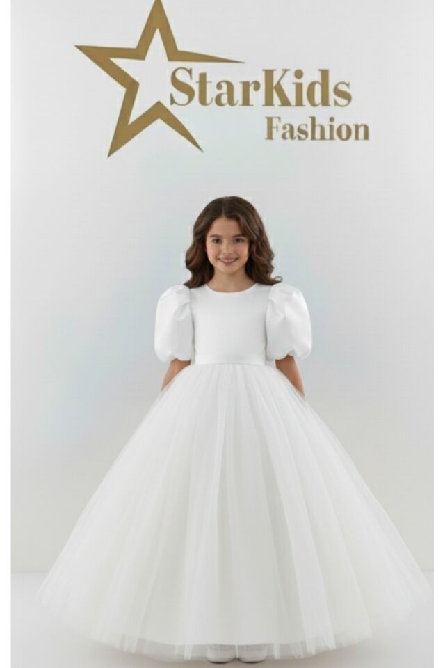 Kız Çoçuk Beyaz Prenses Elbise, Kız Çoçuk Sarı Fiyonklu Elbise,Kız Çoçuk Mezuniyet Elbisesi