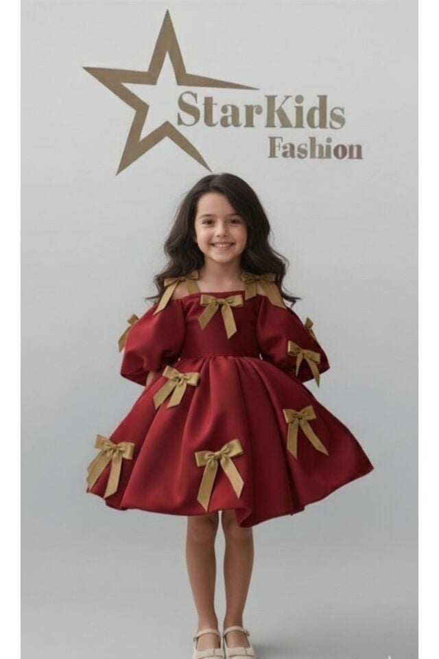 Kız Çocuk Bordo Gold Fiyonklu Elbise,Kız Çoçuk Mezuniyet Elbisesi,Kız Çocuk Abiye