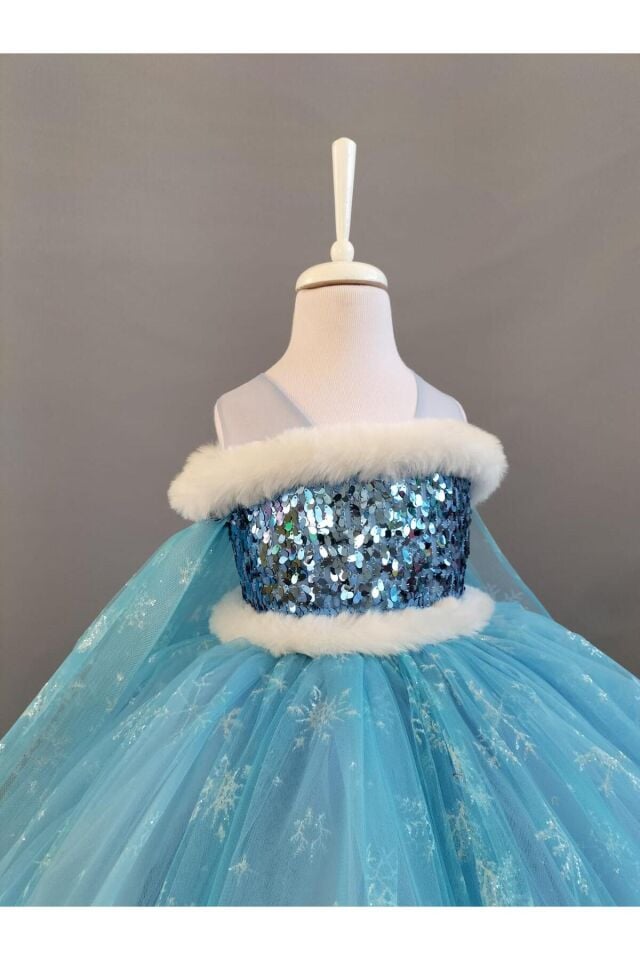 Kız Çocuk Pelerinli Elsa Kostüm , Kız Çocuk Mavi Pelerinli Elsa Elbise