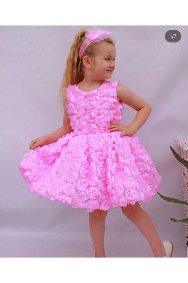 Kız Çoçuk Pembe Güllü Elbise,Kız Çoçuk Abiye