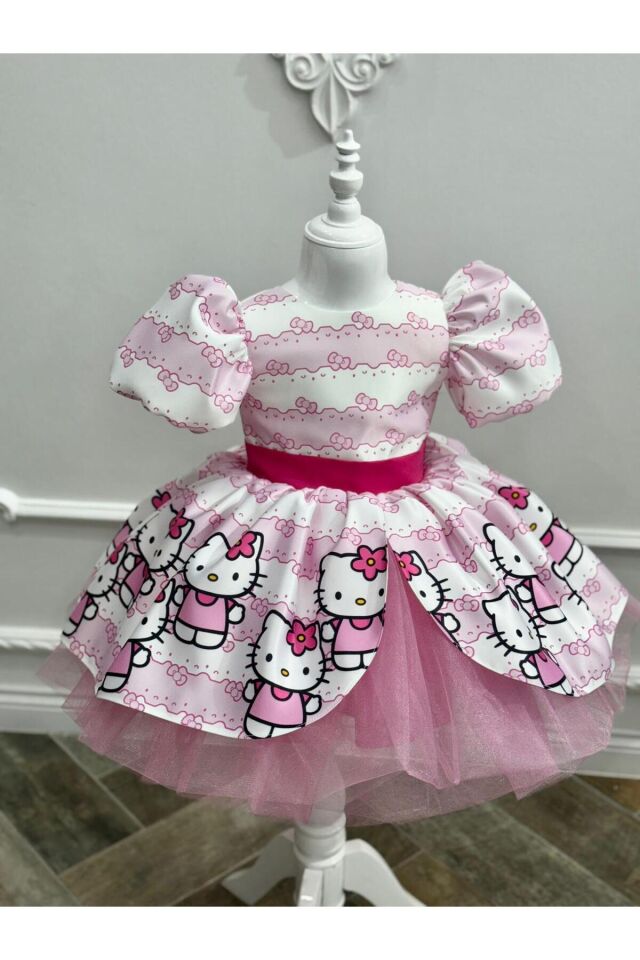 Hello Kity Kız Elbise, Hello Kity Kız Kostüm, Pembe Hello Kity Elbise