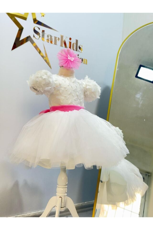 Kız Çocuk Balon Kol Beyaz Kelebek Elbise, Kız Çocuk Beyaz Abiye Elbise, Bayramlık Elbise