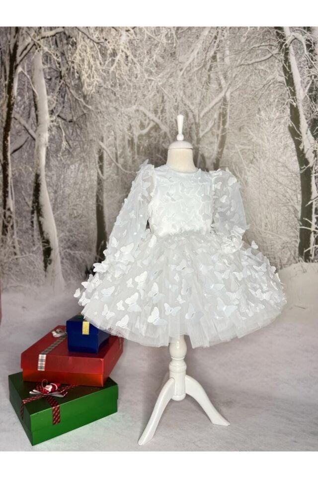 Kız Çocuk Beyaz Kelebekli Elbise, Kız Çocuk Uzun Kol Kelebekli Elbise