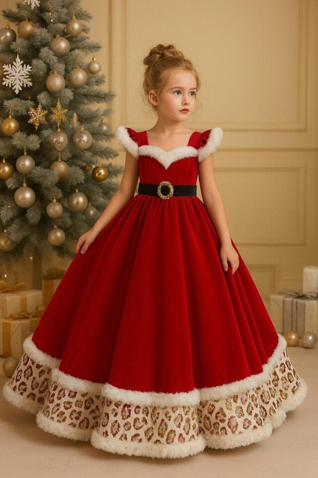 Kız Çocuk Kırmızı Kadife Prenses Yılbaşı Elbisesi, Kadife Prenses Model Yılbaşı Kostümü