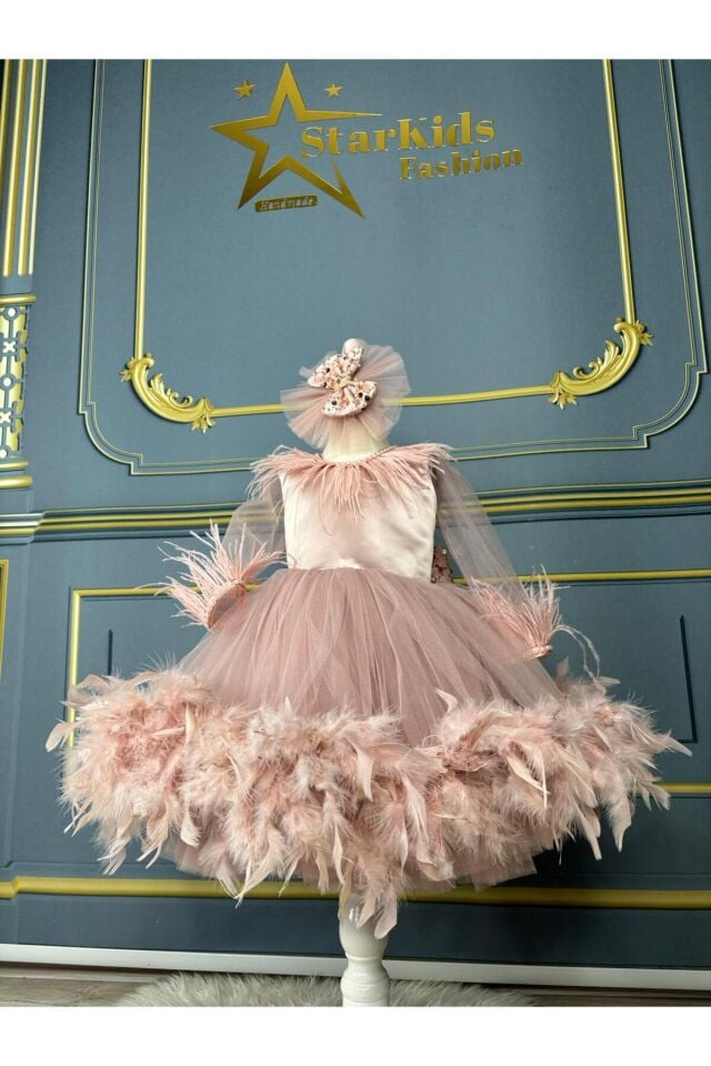 Pudra Rengi Uzun Kollu Tütü Elbise, Etekleri Otrişli Özel Tasarım Doğum Günü Elbisesi