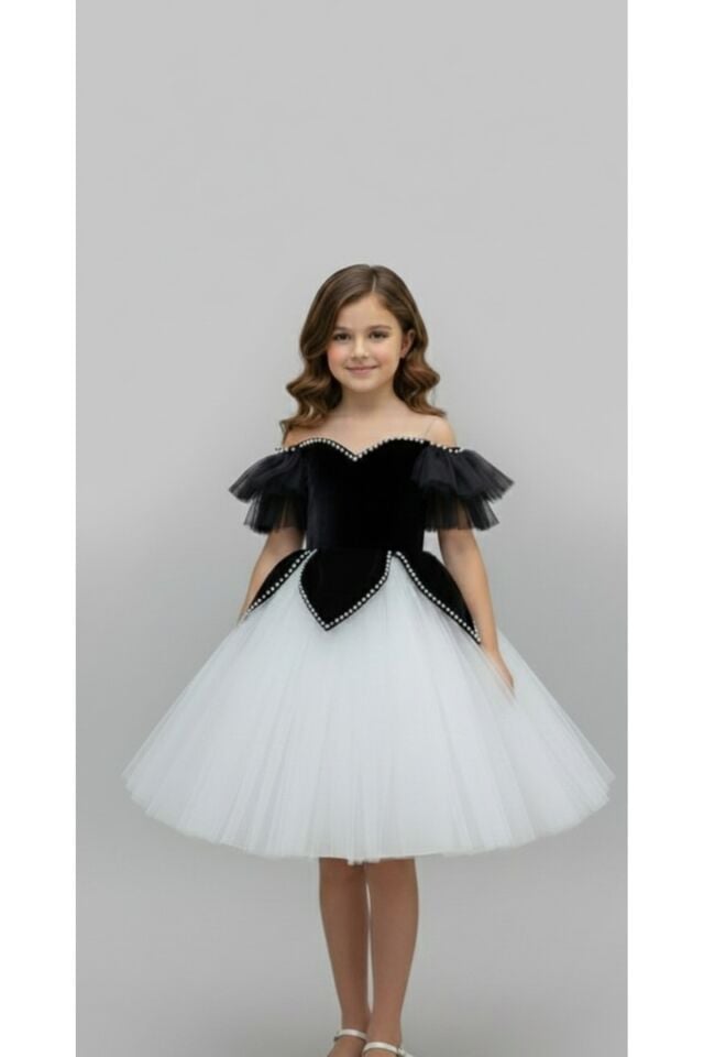 Kız Çoçuk Siyah Kısa Prenses Elbise,Kız Çocuk Abiye Elbise