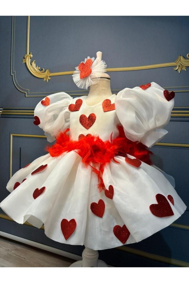 Kız Çocuk Beyaz Kalpli Sevgililer Günü Elbisesi, Kız Çocuk Sevgililer Günü Kostümü