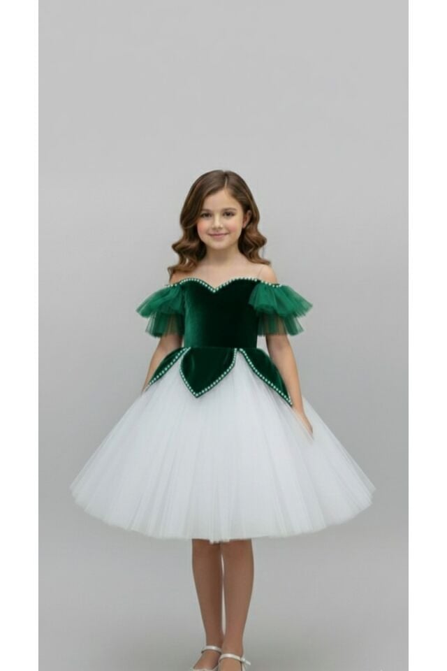 Kız Çocuk Kısa Yeşil Prenses Elbise, Kız Çoçuk Parti Elbisesi